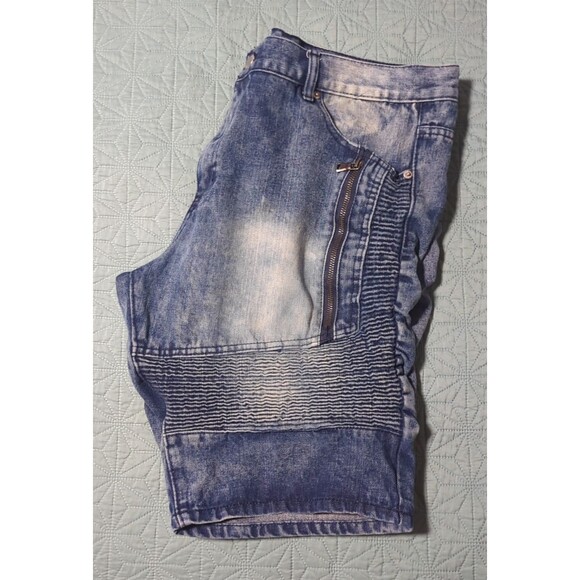 Lion Dynasty Mens 38 Slim Acid Wash Blue Jean Shorts 5 Pockets Moto Biker Ribbed - Picture 3 of 10